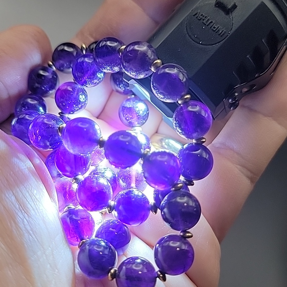 Stunning Vintage Gold Tone & Dark Purple Amethyst Beaded Necklace 10mm Natural